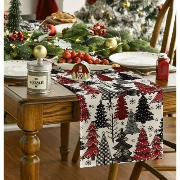 Christmas Tree Table Runner Linen 13x72in Trees & Snowflakes - Picture 3 of 3